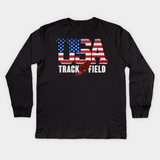 Vintage USA Track And Field Running Athletics American Flag Kids Long Sleeve T-Shirt